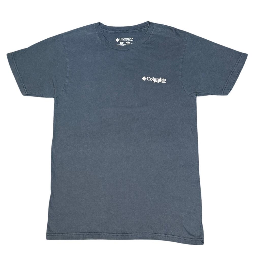 Columbia PFG T Shirt Small Navy Blue Graphic Fish American Flag Outdoor Fishing